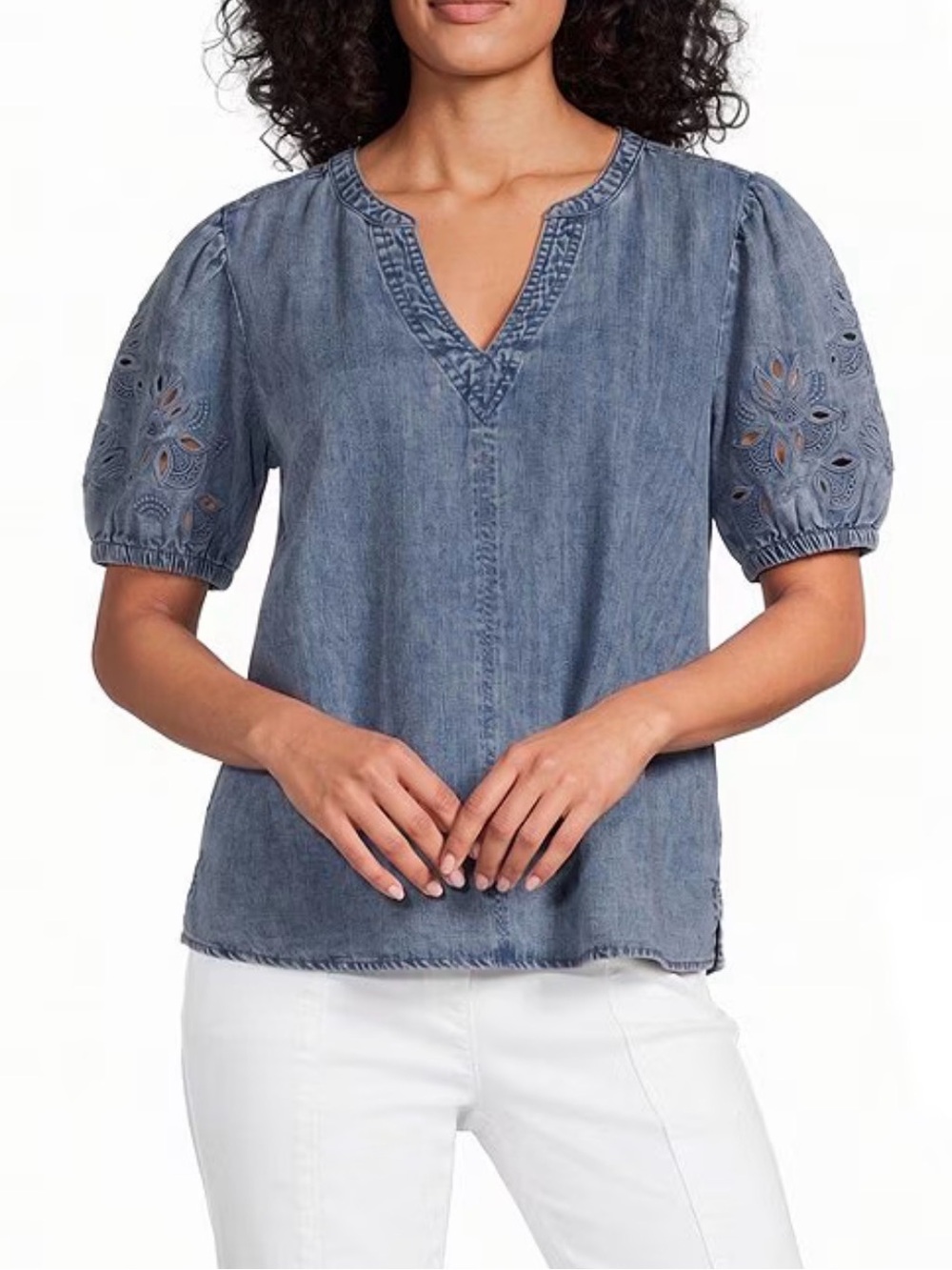 Intro Split V-Neck Embroidered Elbow Puff Sleeve Blouse Blue PM NWT IN PACKAGE